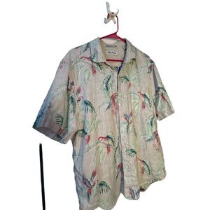 Tommy Bahama Reverse Print Linen Parrot Shirt 🌴 Tropical Beach Resort L
